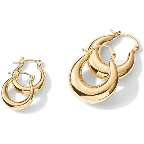 14K Gold Plated Sterling Silver Posts Chunky Hoop Earrings for Women | Thick - Picture 3 of 6